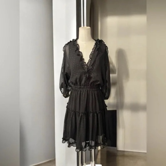 lovestitch Dresses & Skirts - LOVESTITCH - Boho Black Midi Sheer dress with Gold Accents in Sz Small